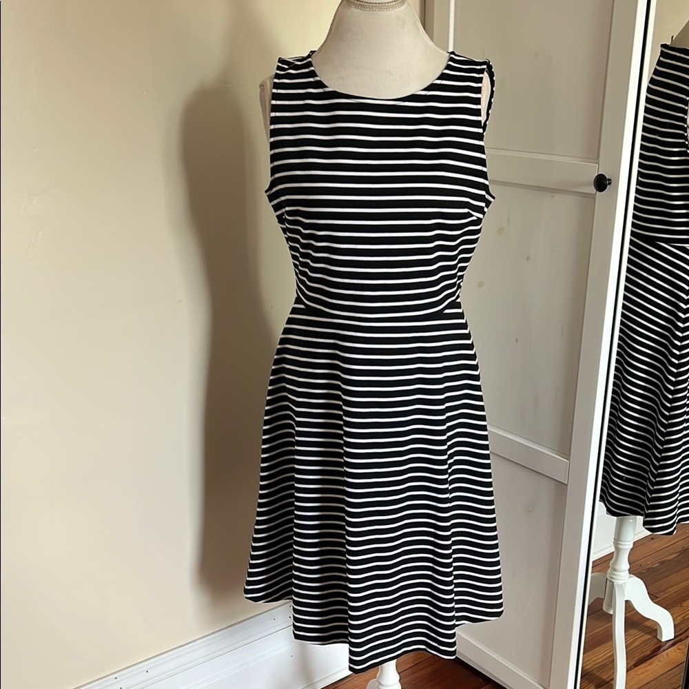 Talbots Classic Preppy Black and White Striped Fit and Flare Dress - Size M